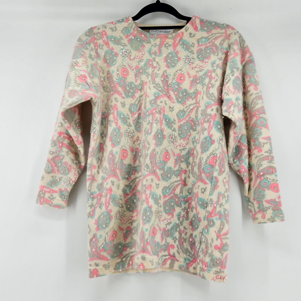 Vintage Outlander Lambswool‎ Angora Cottage Coquette Sequin Beaded Sweater L